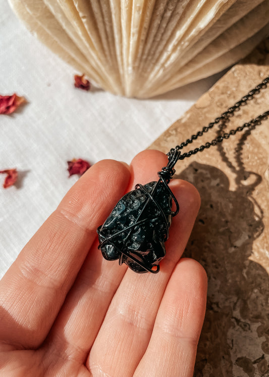 Tektite Black Wire Wrapped Necklace