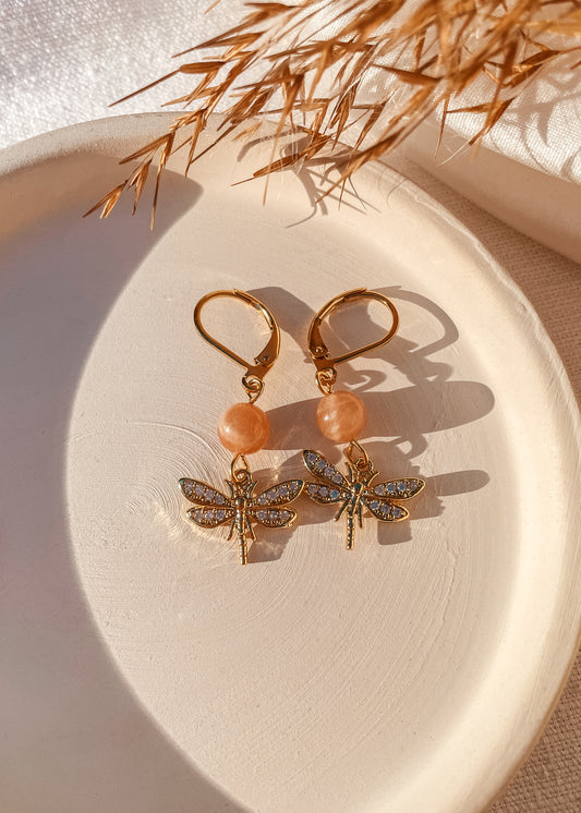 Peach Moonstone Dragonfly Earrings