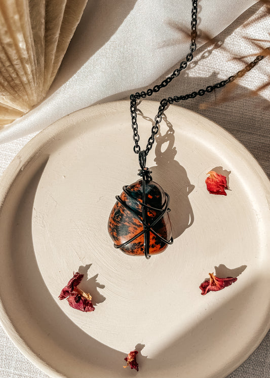 Mahogany Obsidian Black Wire Wrapped Necklace