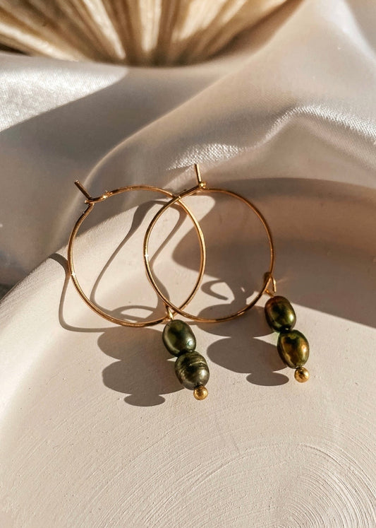 Olive Pearl Gold Hoops