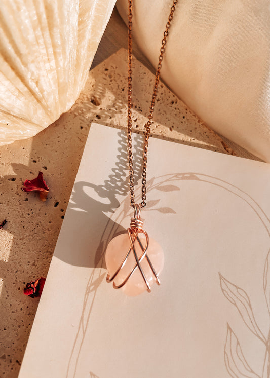 Natalie Rose Quartz Heart Wire Wrapped Necklace