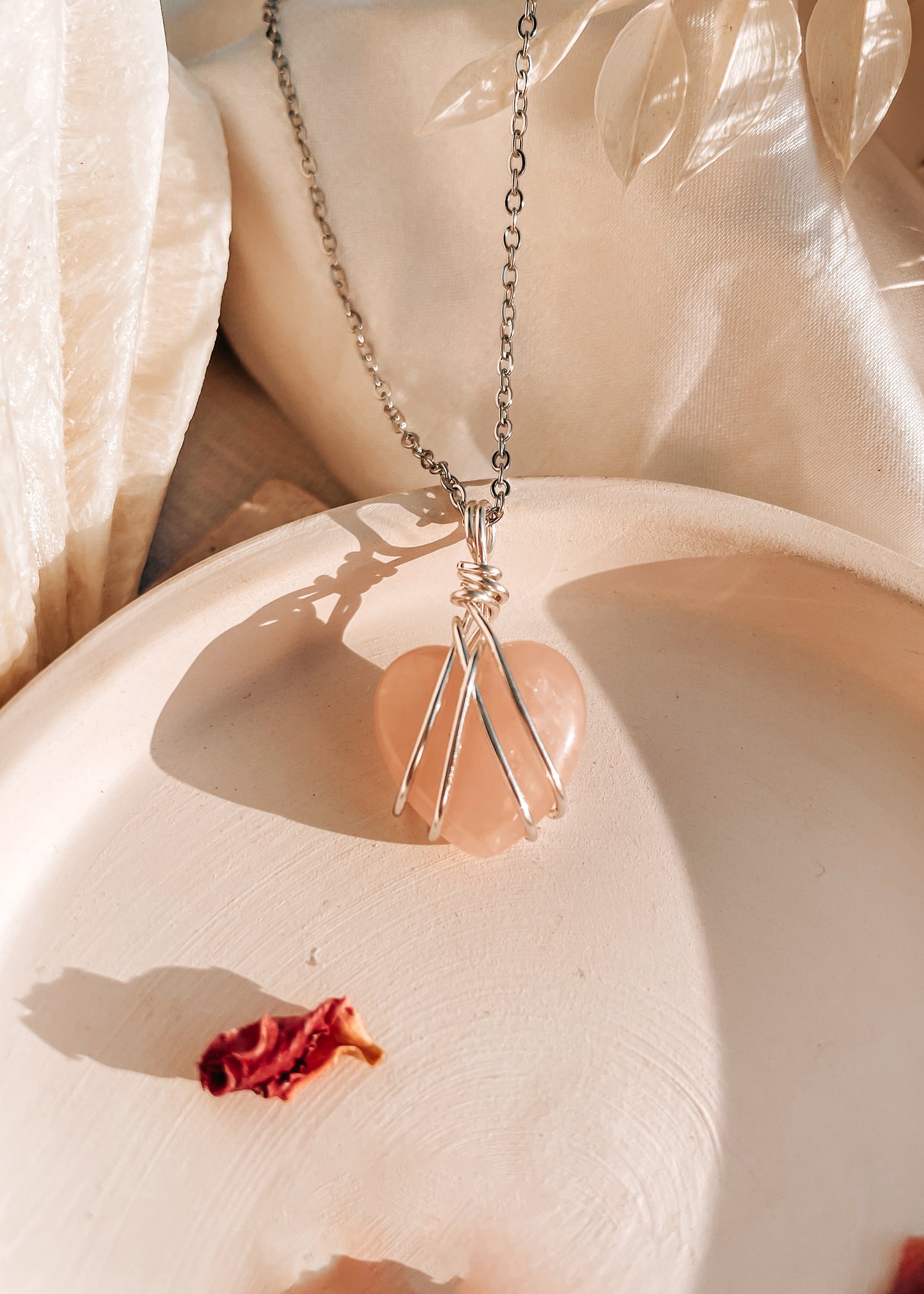 Natalie Rose Quartz Heart Wire Wrapped Necklace