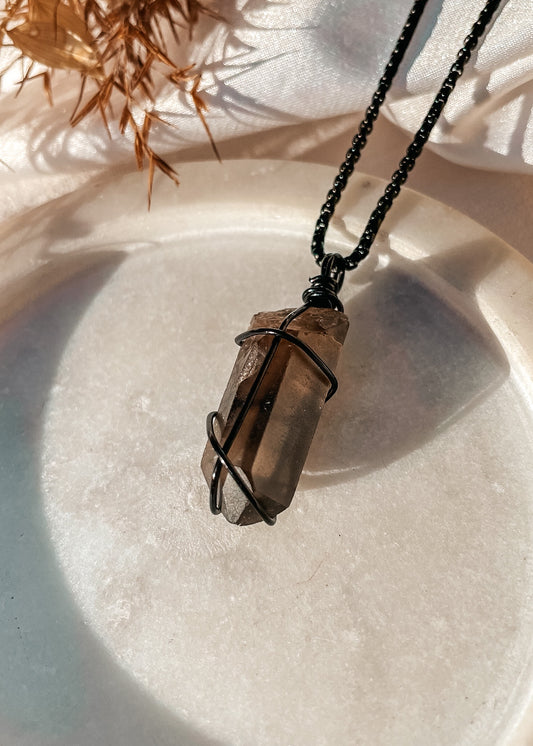 Smoky Quartz Black Wire Wrapped Necklace