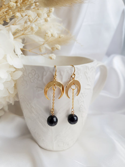 Black Onyx Gold Moon Earrings