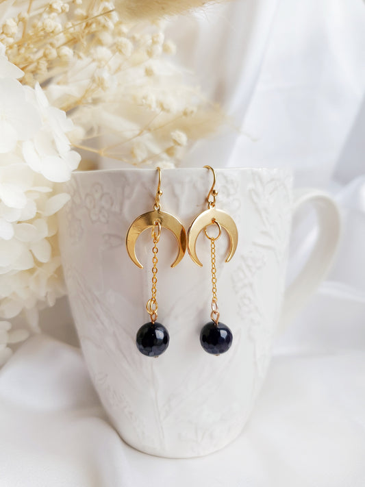 Black Onyx Gold Moon Earrings