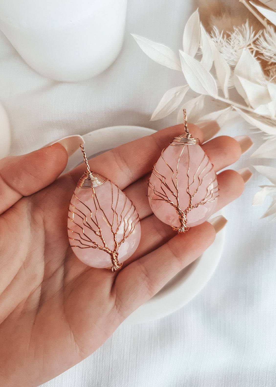 Rose Quartz Tear Drop Tree Of Life Pendant