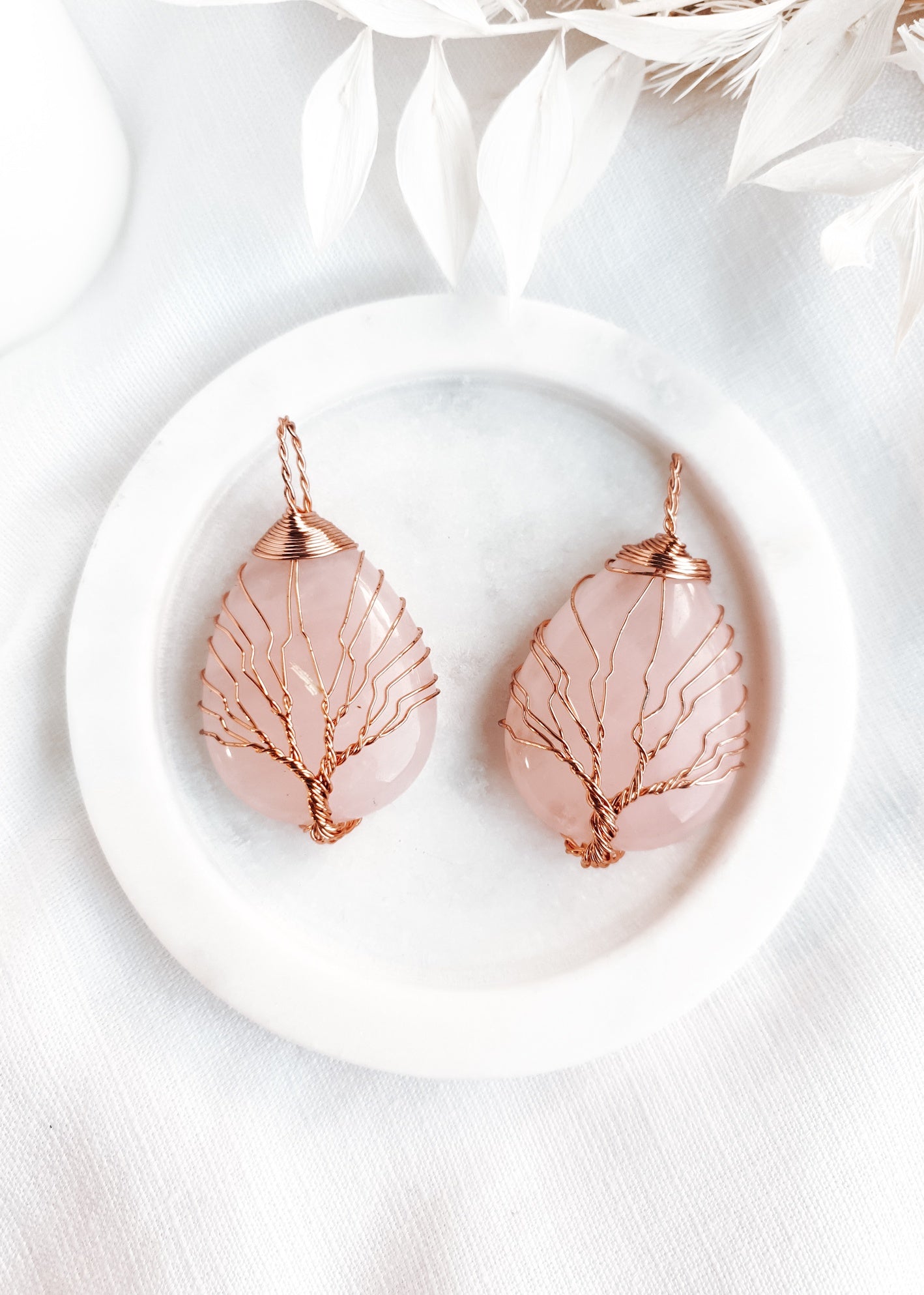 Rose Quartz Tear Drop Tree Of Life Pendant