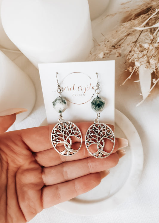 Moss Agate Tree Of Life Earring