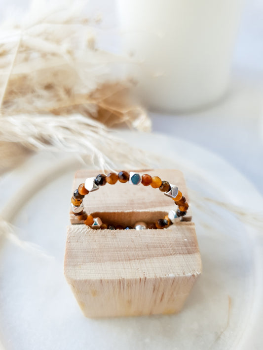 Tiger eye & Silver Hematite Ring