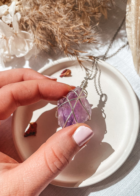 Amethyst Wire Wrapped Necklace Silver