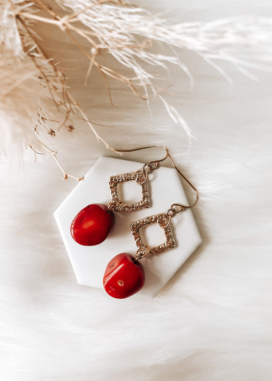 Gold Red Coral Earrings