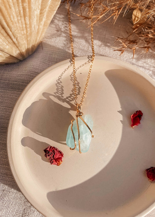 Aquamarine Gold Wire Wrapped Necklace