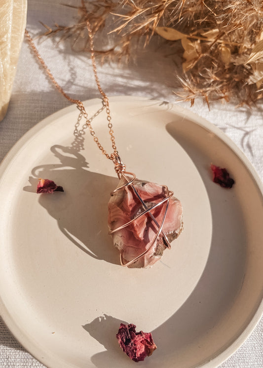 Pink Agate Wire Wrapped Necklace