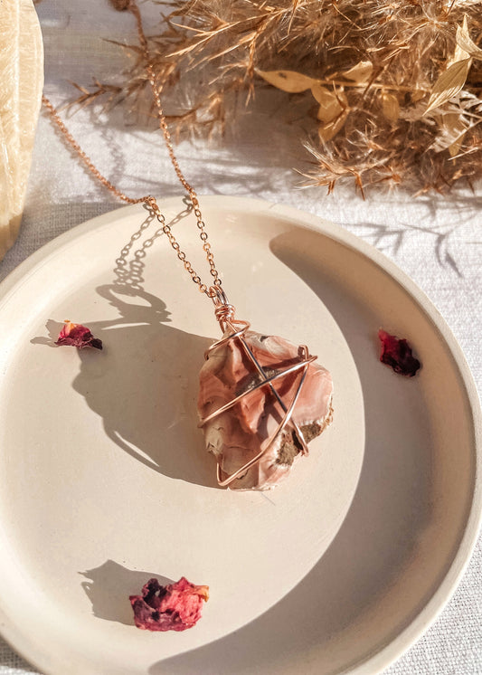 Pink Agate Wire Wrapped Necklace