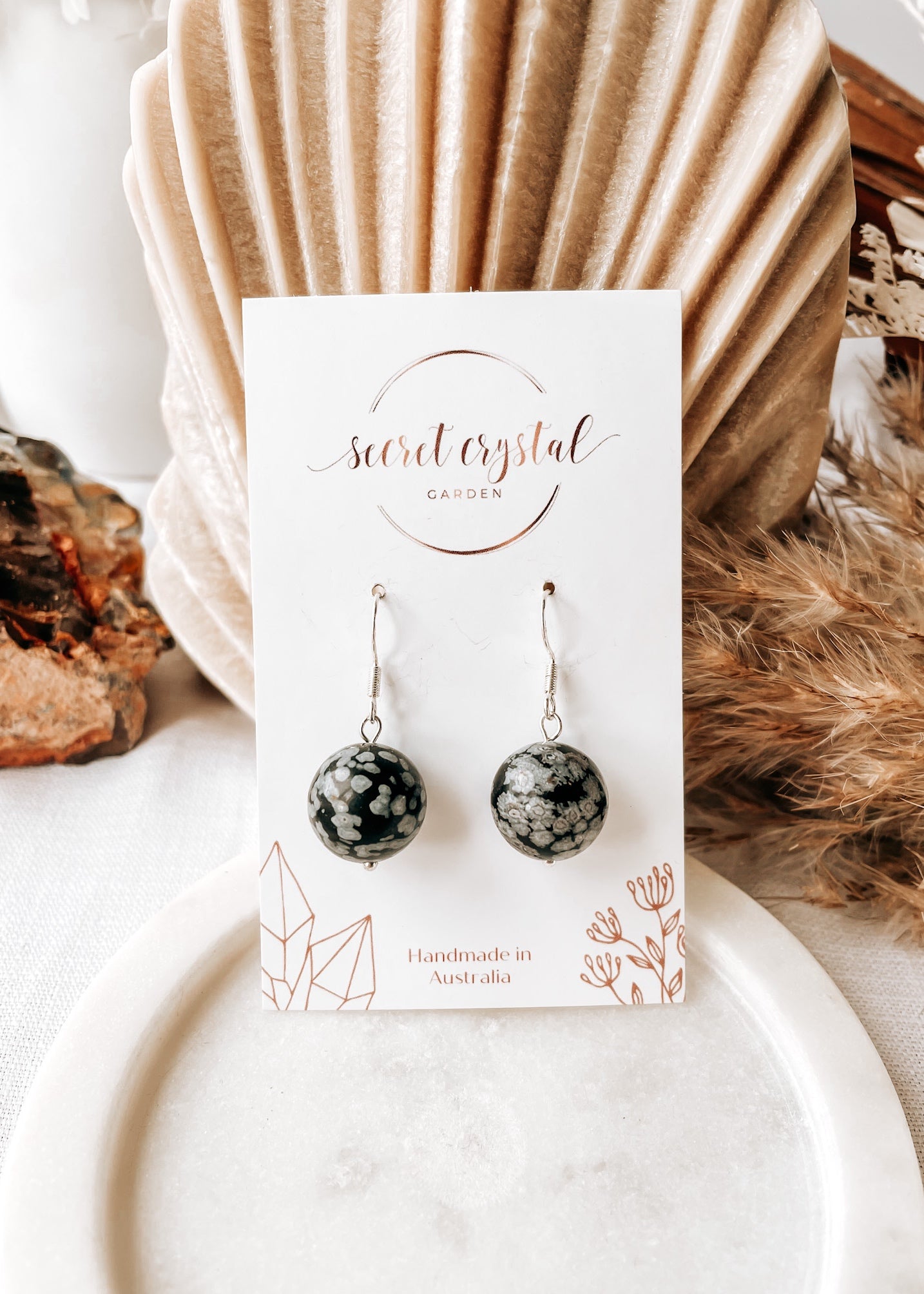 Snowflake Obsidian Round Earring