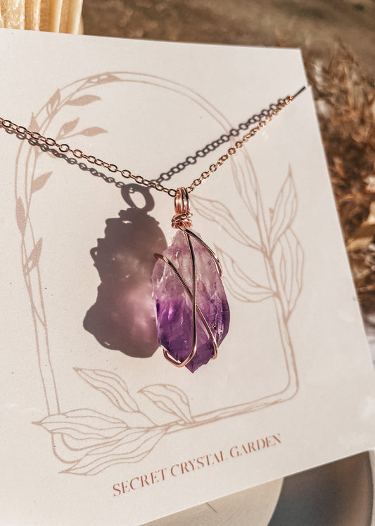 Amethyst Raw Rose Gold Wire Wrapped Necklace