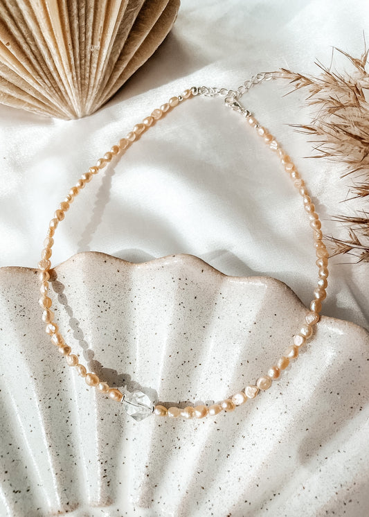 Olivia Peach Pearl + Quartz Necklace