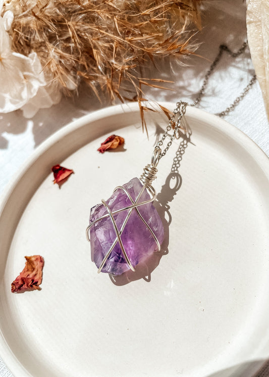 Amethyst Wire Wrapped Necklace Silver