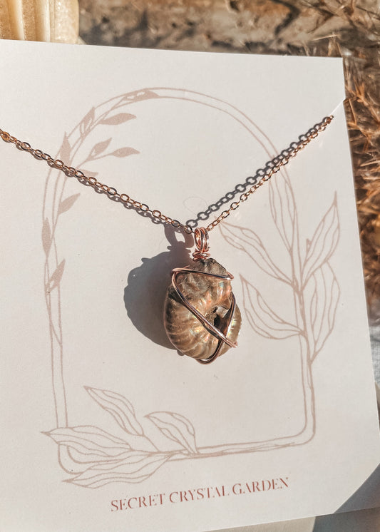 Pearlised Ammonite Rose Gold Wire Wrapped Necklace