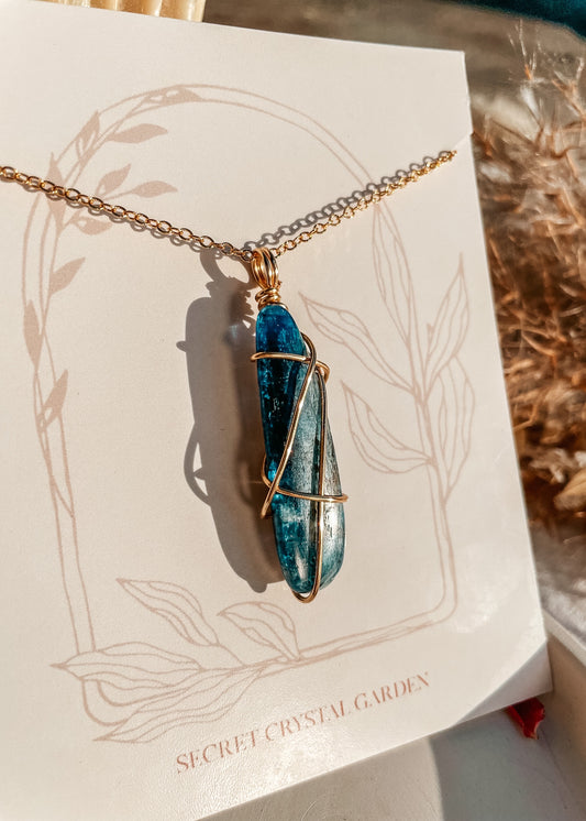 Kyanite Gold Wire Wrapped Necklace