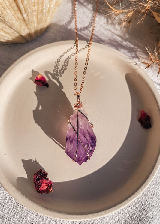 Amethyst Raw Rose Gold Wire Wrapped Necklace