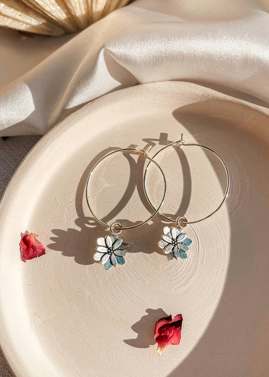 Silver Flower Hoops