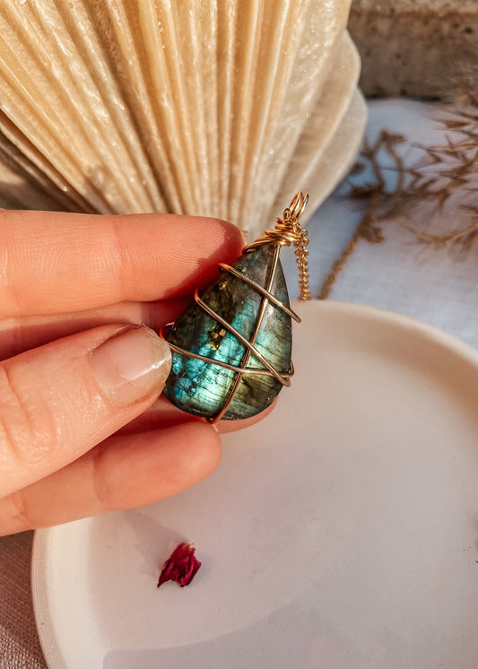 Labradorite Gold Wire Wrapped Necklace