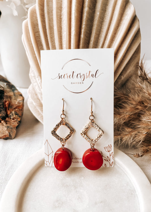 Gold Red Coral Earrings