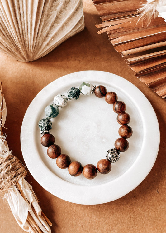 Moss Agate & wood bracelet