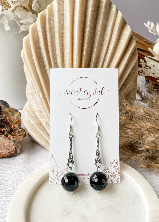 Onyx Long Round Earrings